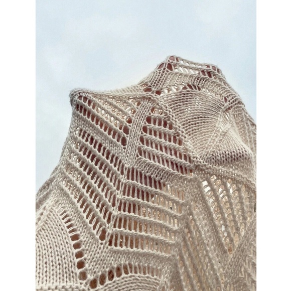 Beige Hollow Out Knit Long Bell Sleeve Pullover Light Sweater - Picture 7 of 8